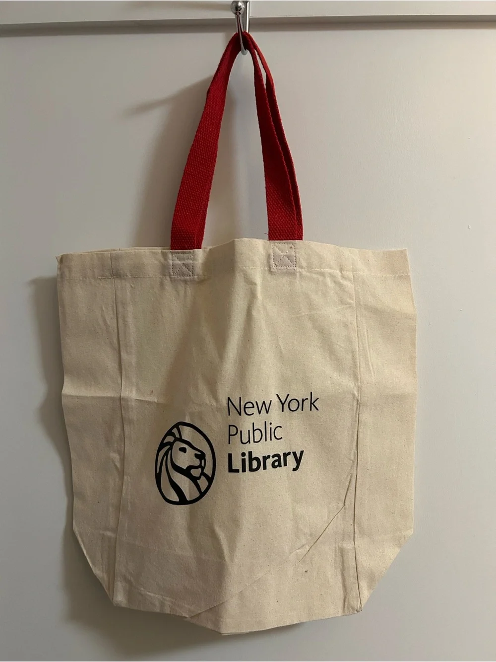 New York Public Library tote bag with red straps